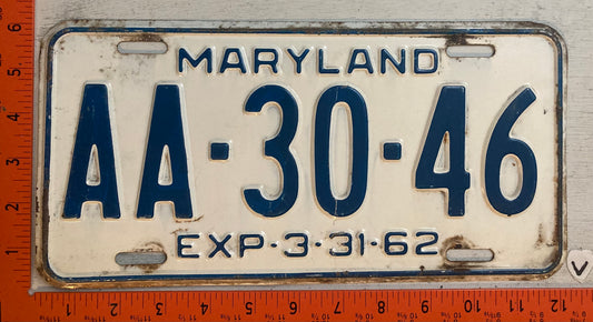 1962 Maryland #AA-30-46 Passenger License Plate