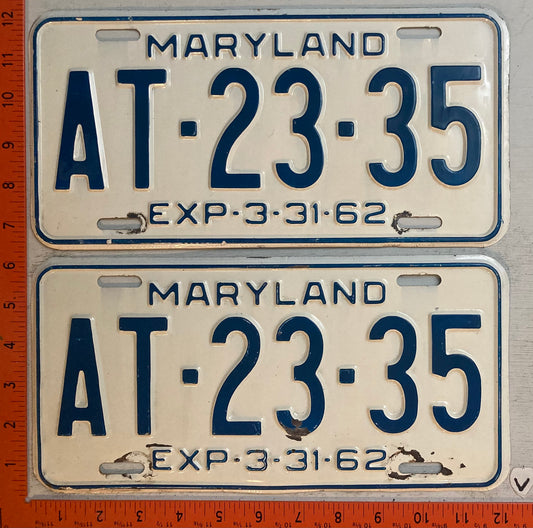 1962 Maryland #AT-23-35 Passenger License Plate (Pair)