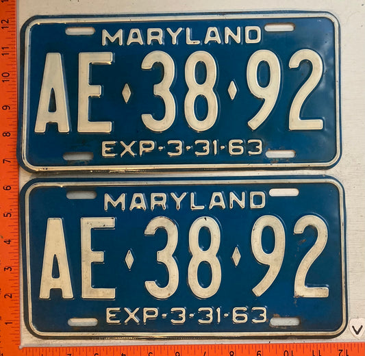 1963 Maryland #AE-38092 Passenger License Plate (Pair)
