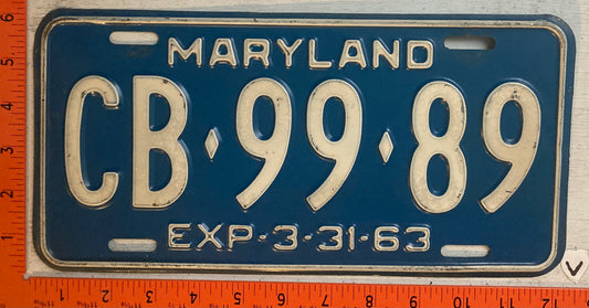 1963 Maryland #CB-99-89 Passenger License Plate