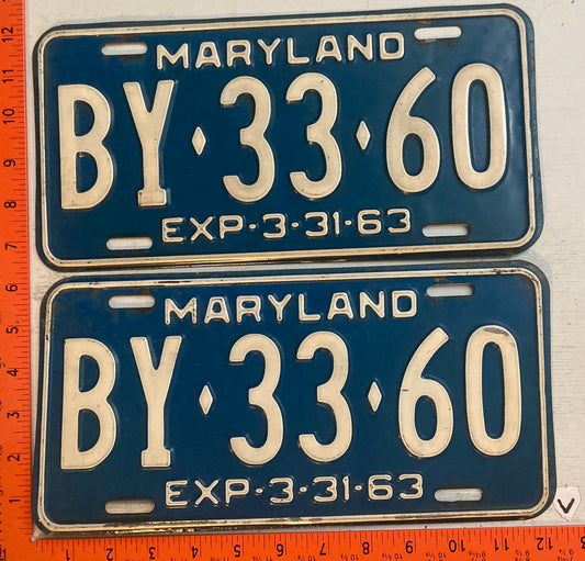 1963 Maryland #BY-33-60 Passenger License Plate (Pair)