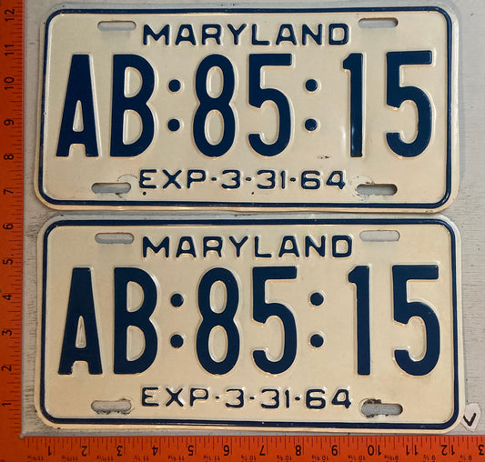 1964 Maryland #AB-8-15 Passenger License Plate (Pair)