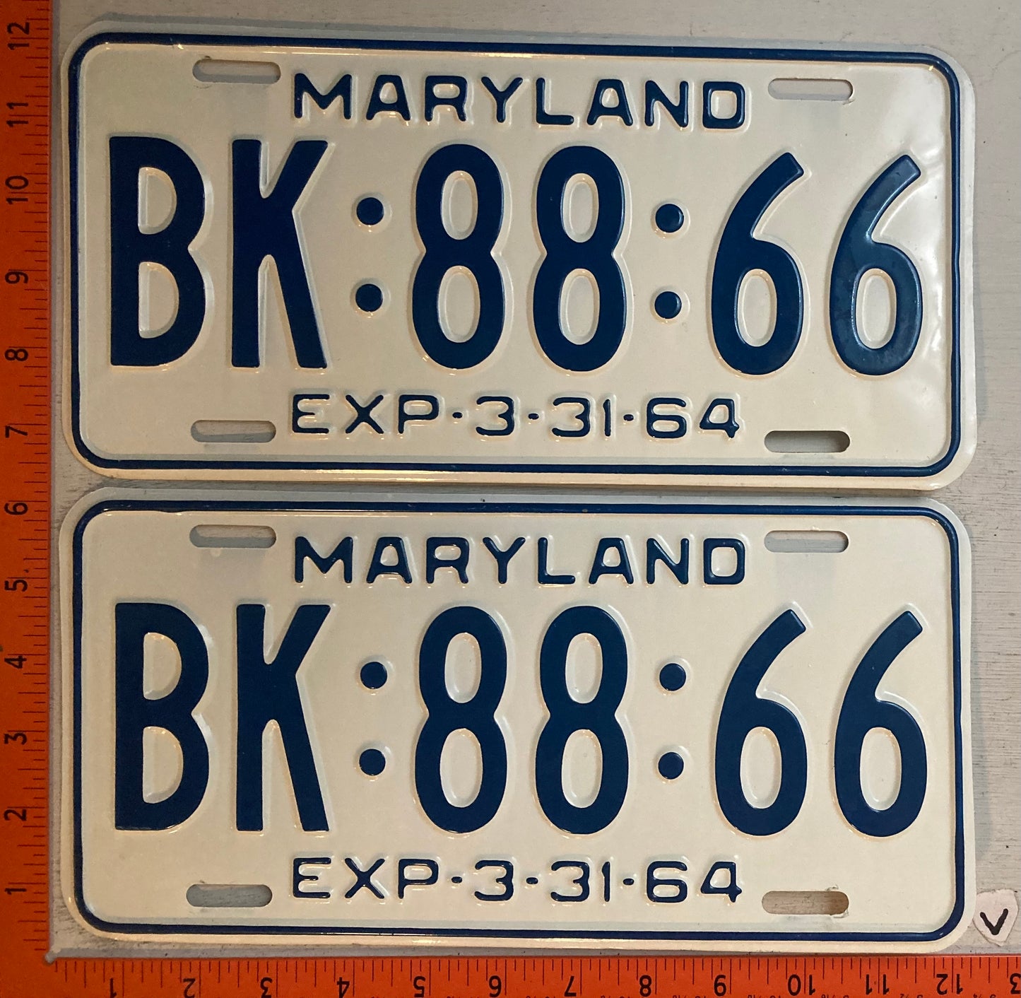 1964 Maryland #BK-88-66 Passenger License Plate (Pair)