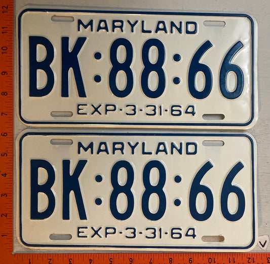 1964 Maryland #BK-88-66 Passenger License Plate (Pair)