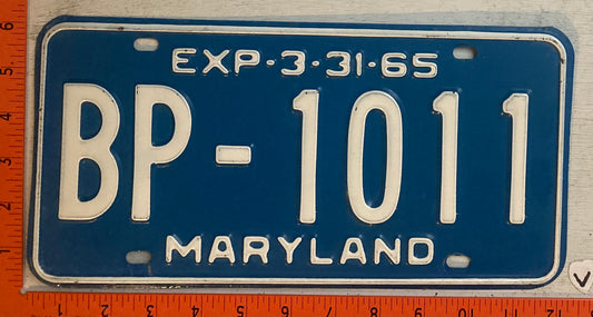 1965 Maryland #BP-1011 Passenger License Plate
