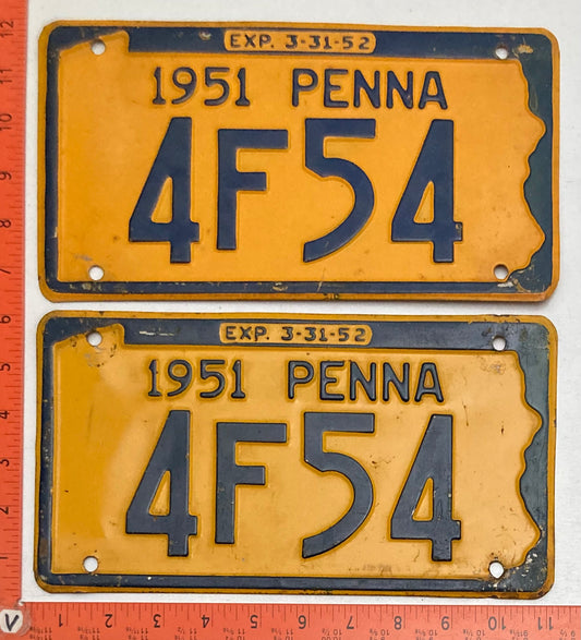 1951 Pennsylvania #4F54 Passenger License Plate PAIR