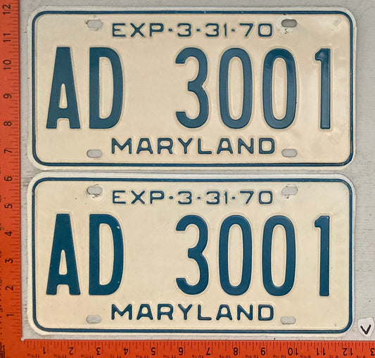 1970 Maryland #AD 3001 Passenger License Plate (Pair)