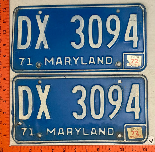 1972 Maryland #DX 3094 Passenger License Plate (Pair)