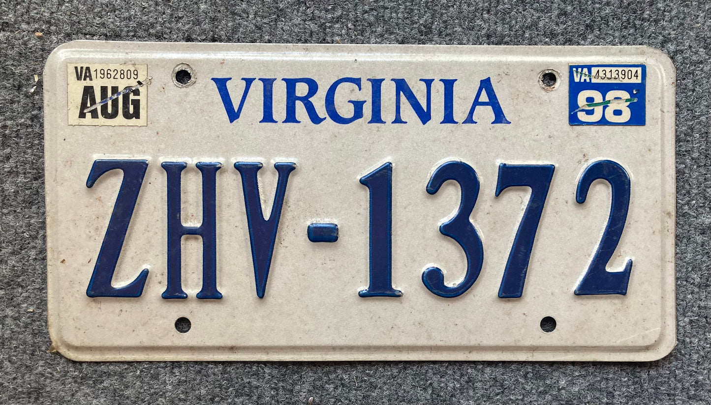 1998 Virginia #ZHV-1372 Passenger License Plate