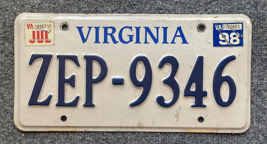 1998 Virginia #ZEP-9346 Passenger License Plate