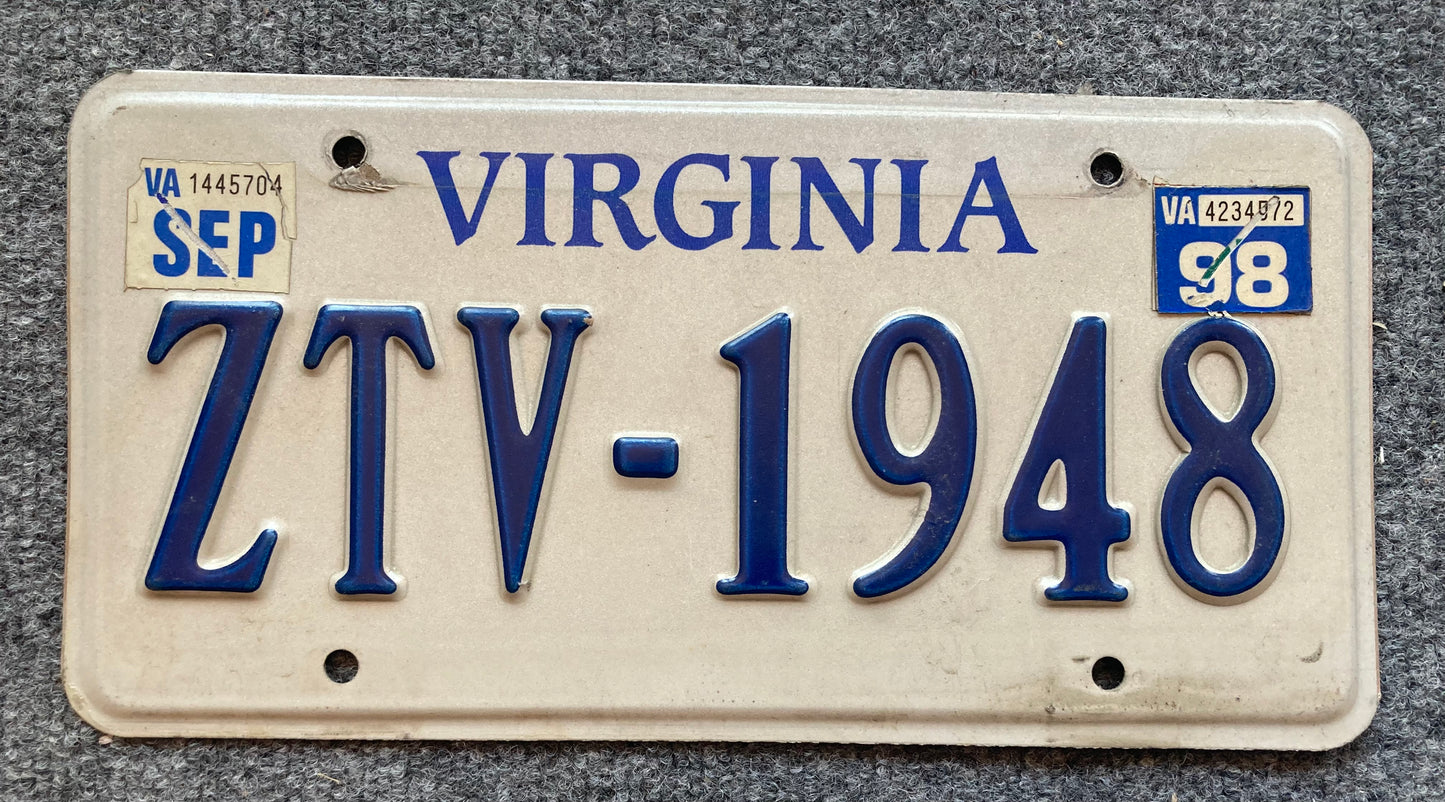 1998 Virginia #ZTV-1948 Passenger License Plate