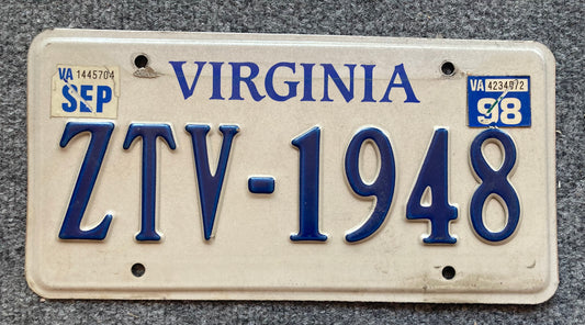 1998 Virginia #ZTV-1948 Passenger License Plate