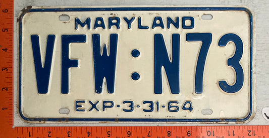 1964 Maryland #VFW-N73 VFW Passenger License Plate