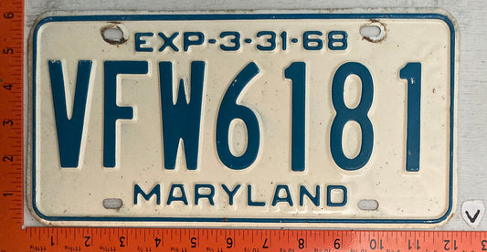 1968 Maryland #VFW6181 VFW Passenger License Plate