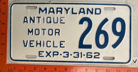 1962 Maryland #269 Antique Motor Vehicle Passenger License Plate