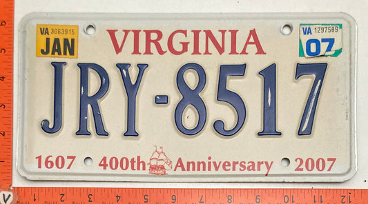 2007 Virginia #JRY-8517 Passenger License Plate