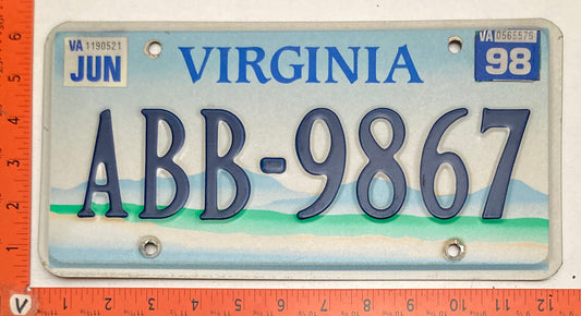 1998 Virginia #ABB-9867 Passenger License Plate (Mountain Base)