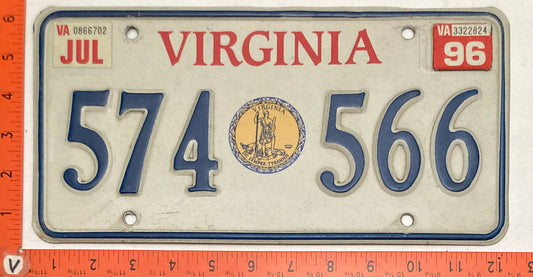 1996 Virginia #574-566 Passenger License Plate Gold Shield design