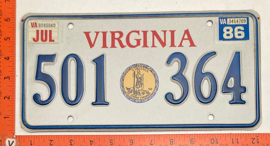 1986 Virginia #501 364 Passenger License Plate Gold Shield design