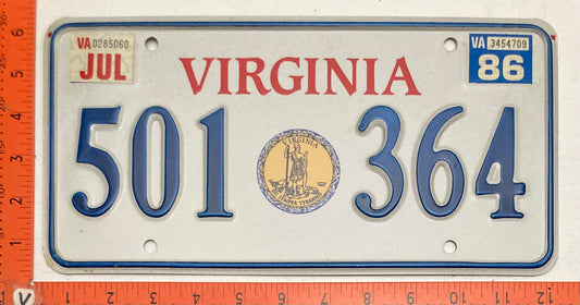 1986 Virginia #501 364 Passenger License Plate Gold Shield design