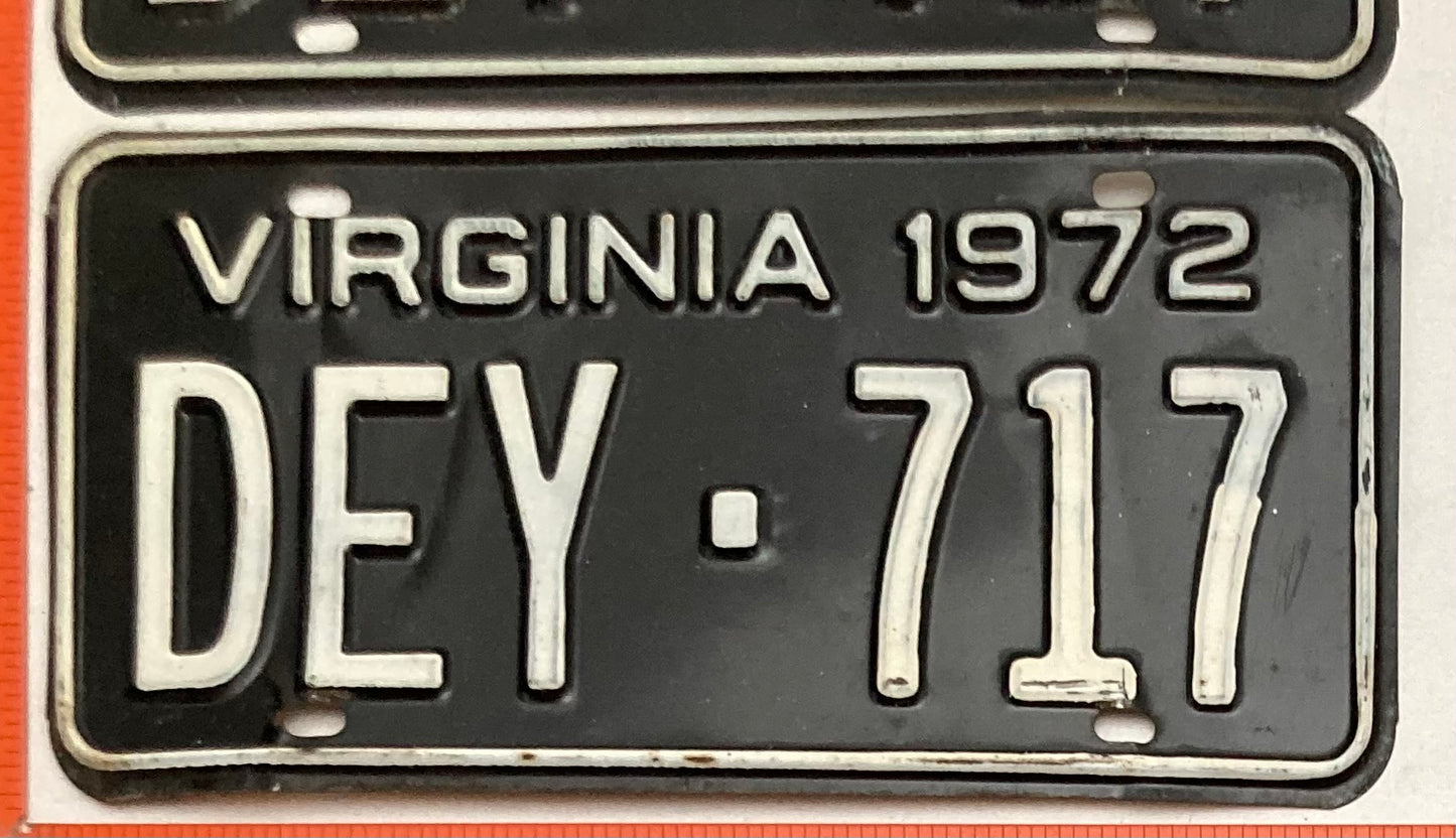1972 Virginia #DEY-717 Passenger License Plate (Pair)