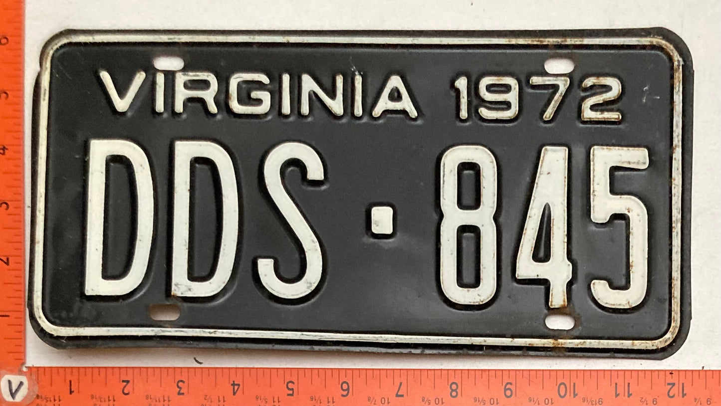 1972 Virginia #DDS-845 Passenger License Plate