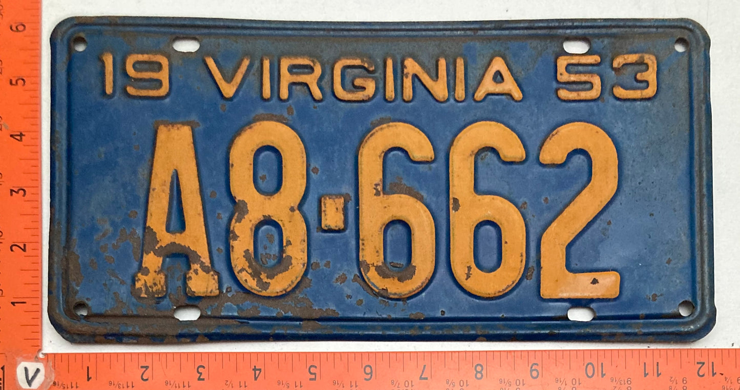 1953 Virginia #A8-662 Passenger License Plate