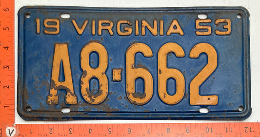 1953 Virginia #A8-662 Passenger License Plate