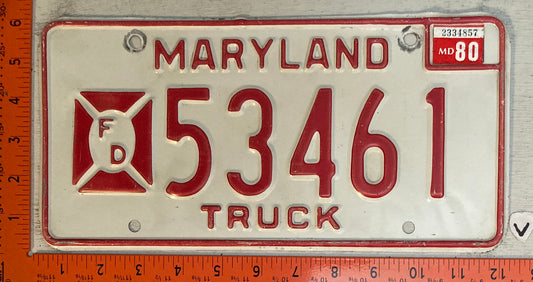1980 Maryland #53461 Fire Department Truck License Plate