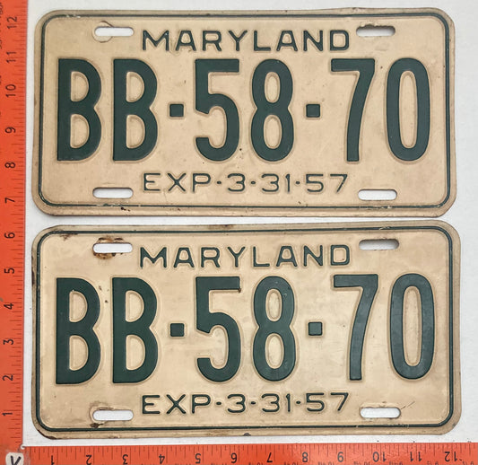 1957 Maryland #BB-58-70 Passenger License Plate PAIR