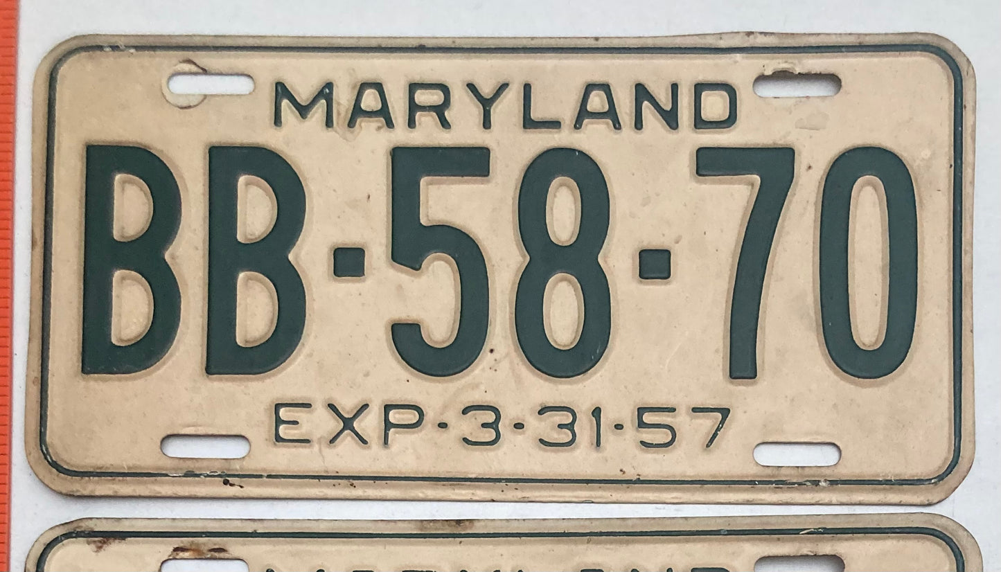 1957 Maryland #BB-58-70 Passenger License Plate PAIR