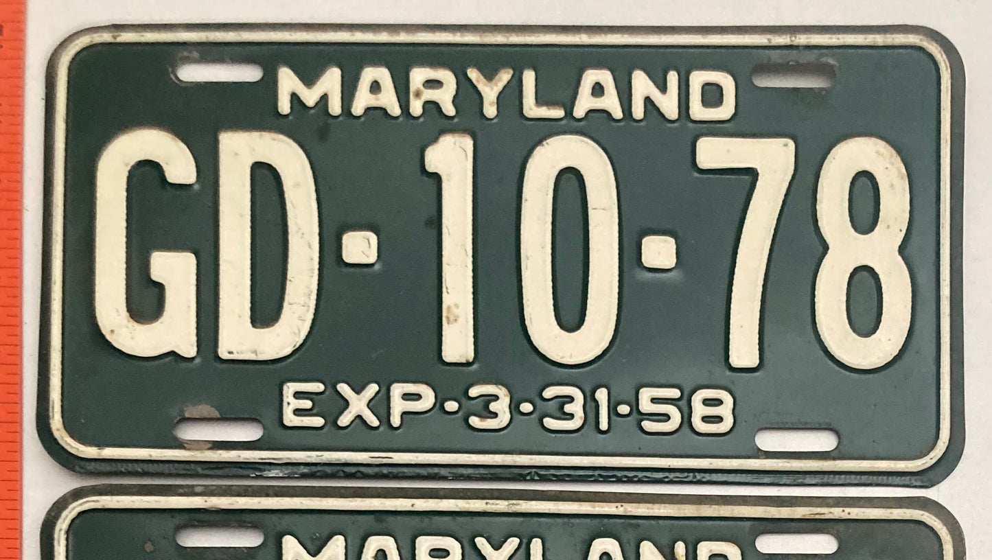 1958 Maryland #GD-10-78 Passenger License Plate (Pair)