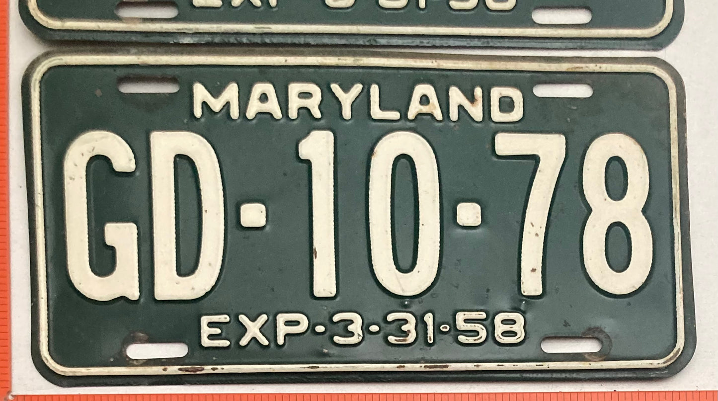 1958 Maryland #GD-10-78 Passenger License Plate (Pair)