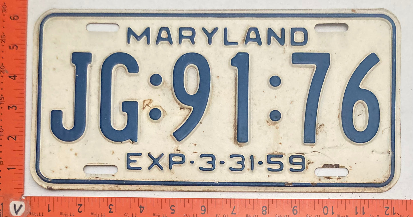 1959 Maryland #JG:91:76 Passenger License Plate
