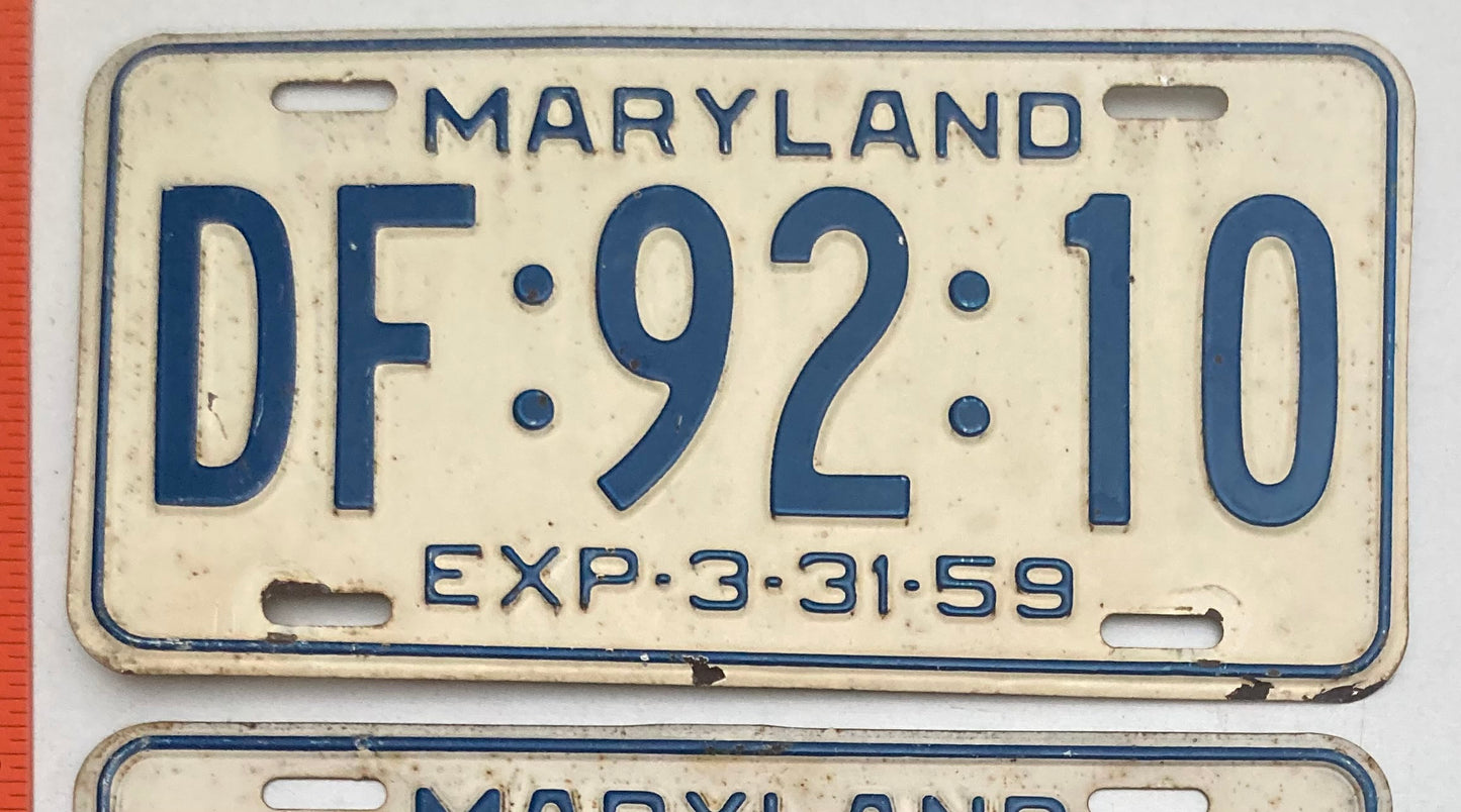 1959 Maryland #DF:92:10 Passenger License Plate (Pair)