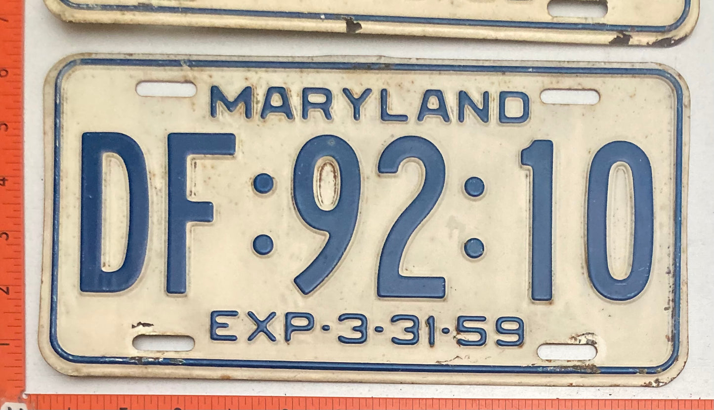 1959 Maryland #DF:92:10 Passenger License Plate (Pair)