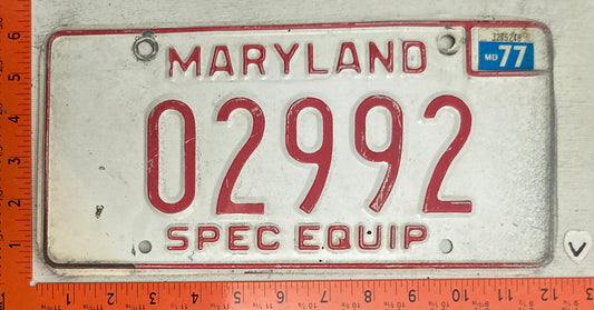 1977 Maryland #02992 Special Equipment License Plate