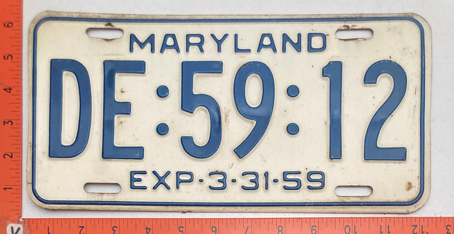 1959 Maryland #DE:59:12 Passenger License Plate