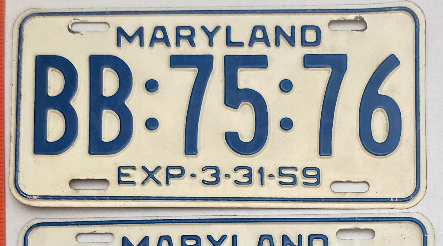 1959 Maryland #BB:75:76 Passenger License Plate (Pair)