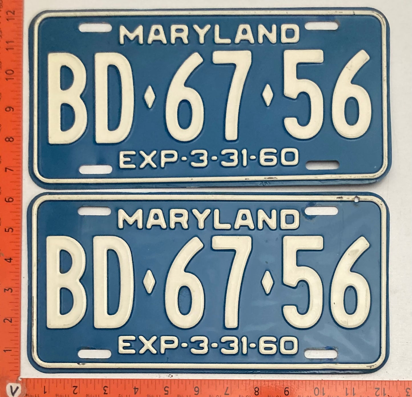 1960 Maryland #BD-67-56 Passenger License Plate PAIR