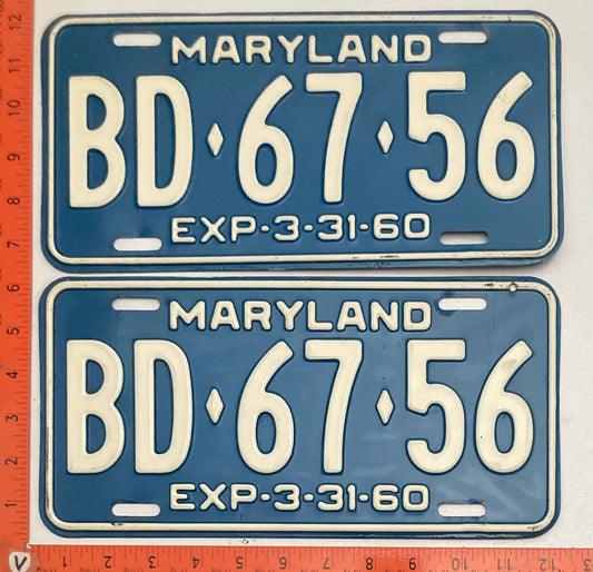 1960 Maryland #BD-67-56 Passenger License Plate PAIR