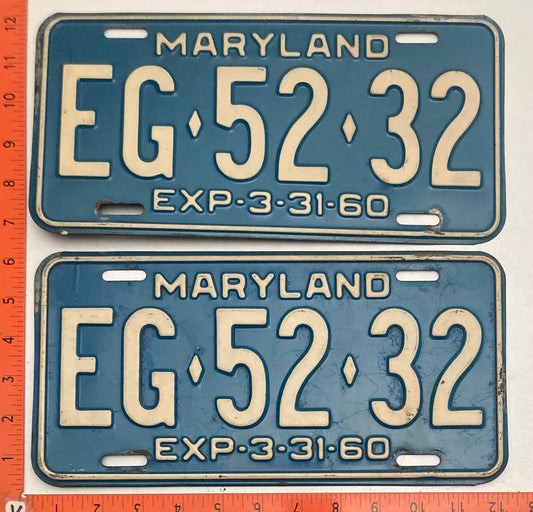 1960 Maryland #EG-52-32 Passenger License Plate PAIR