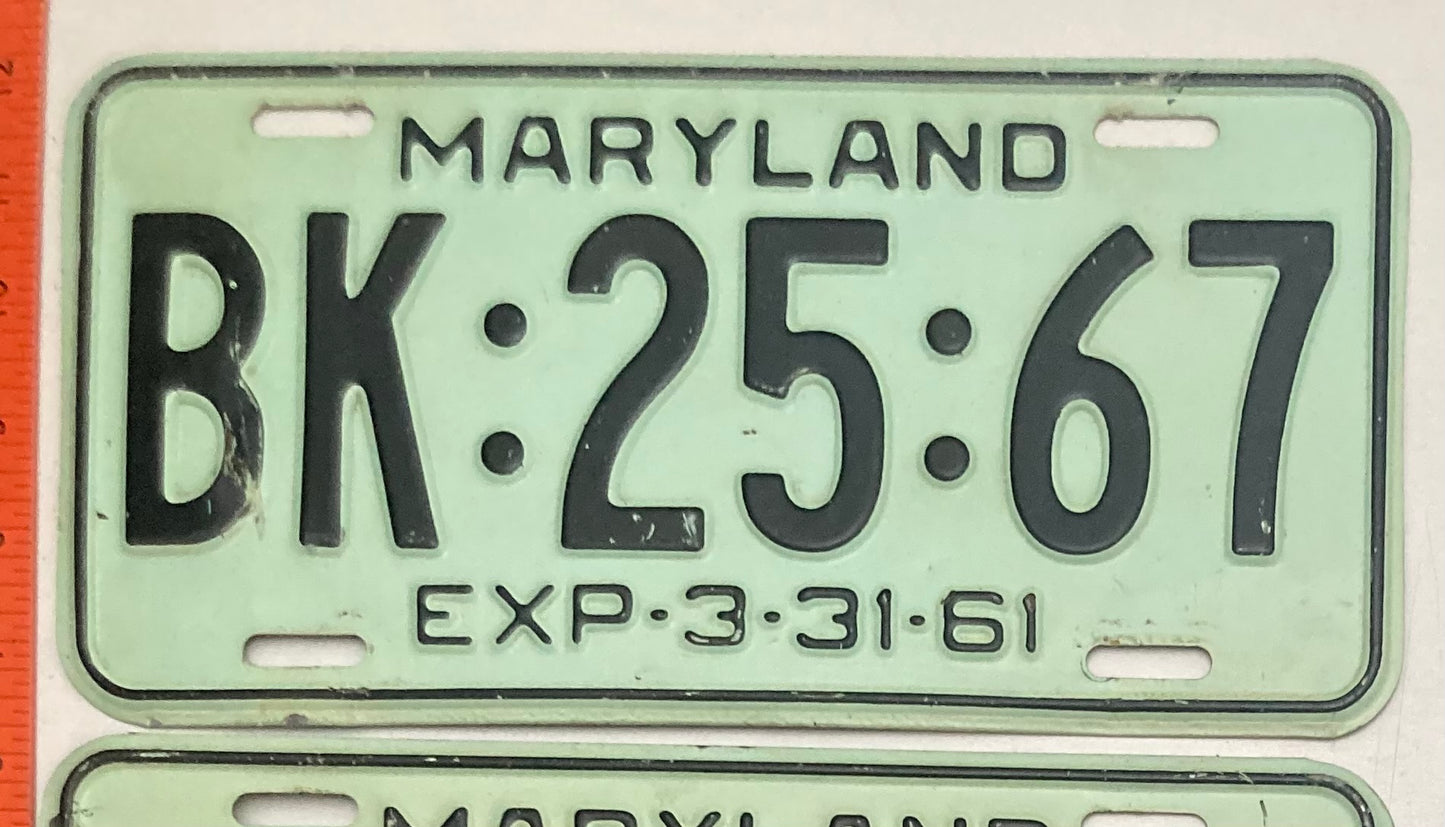1961 Maryland #BK-25-67 Passenger License Plate (Pair)