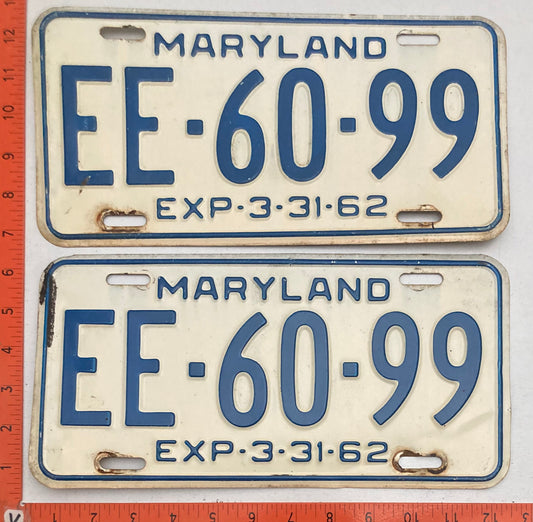 1962 Maryland #EE-60-99 Passenger License Plate PAIR