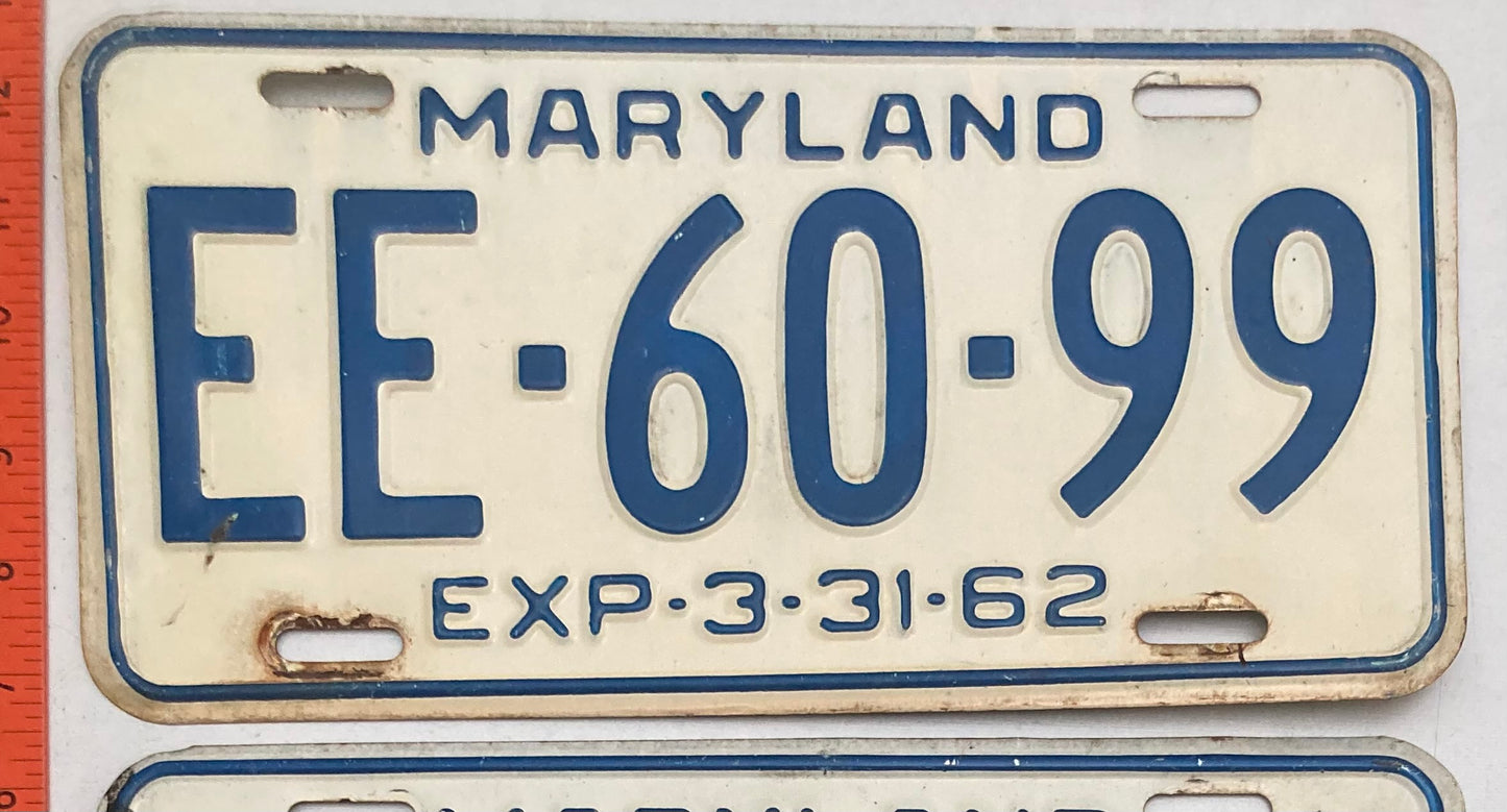 1962 Maryland #EE-60-99 Passenger License Plate PAIR