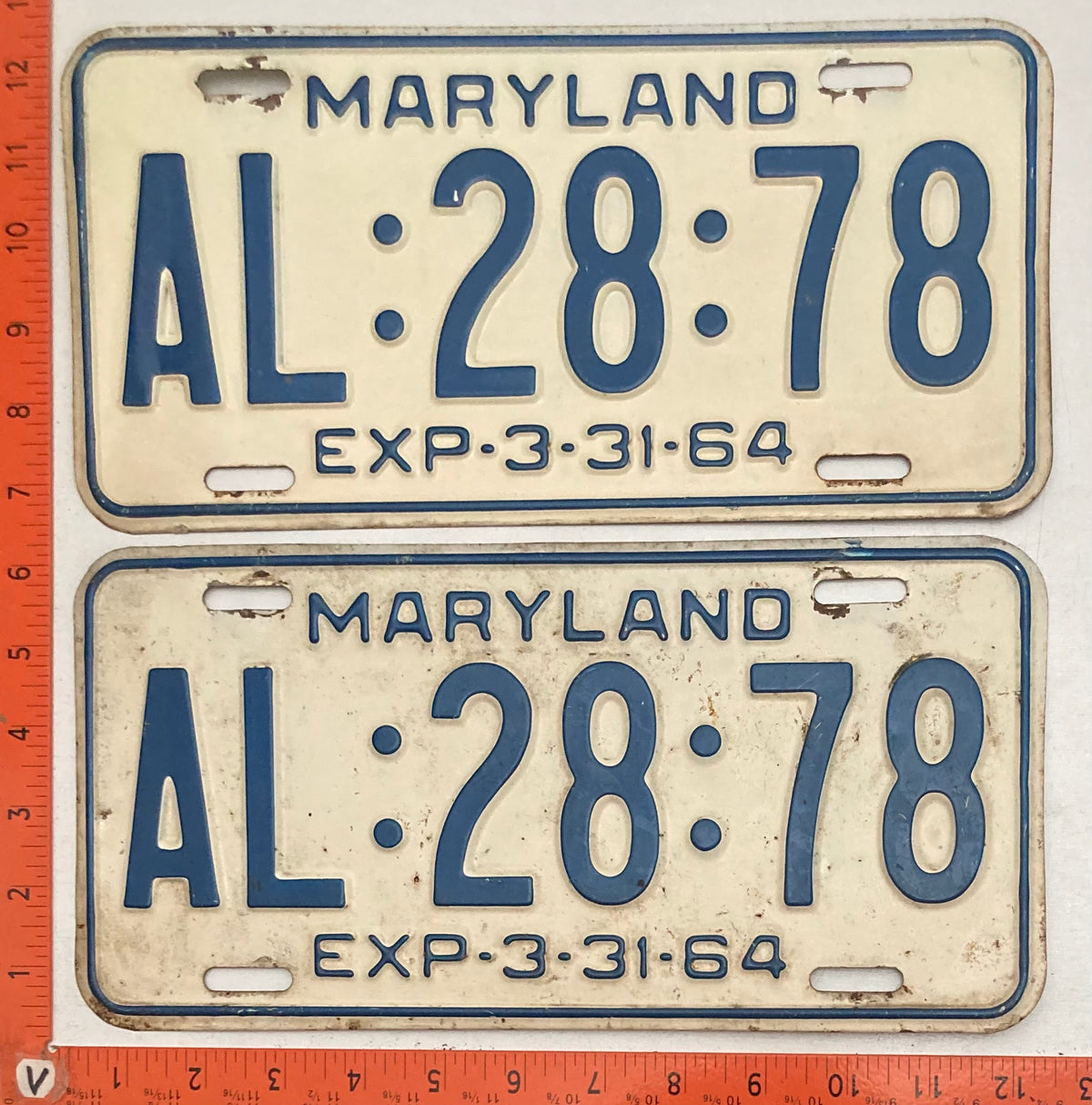 1964 Maryland #AL:28:78 Passenger License Plate PAIR