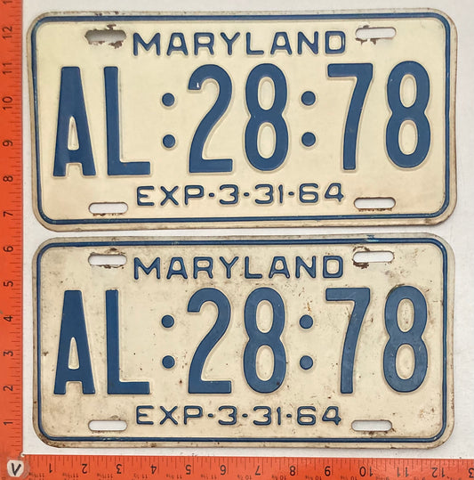 1964 Maryland #AL:28:78 Passenger License Plate PAIR