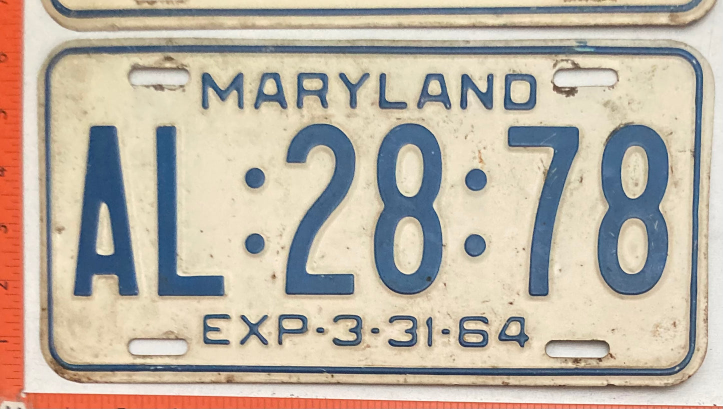 1964 Maryland #AL:28:78 Passenger License Plate PAIR