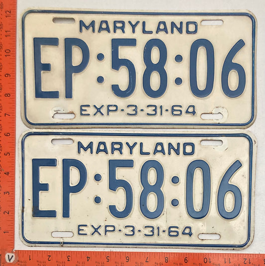 1964 Maryland #EP:58:06 Passenger License Plate (Pair)