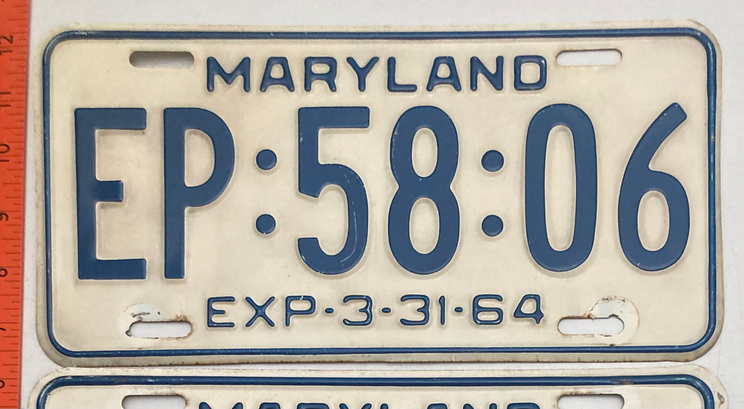 1964 Maryland #EP:58:06 Passenger License Plate (Pair)